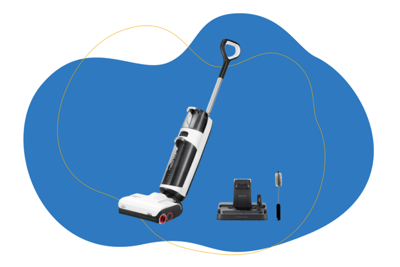 Roborock Dyad mit Zubehör auf blauem Hintergrund